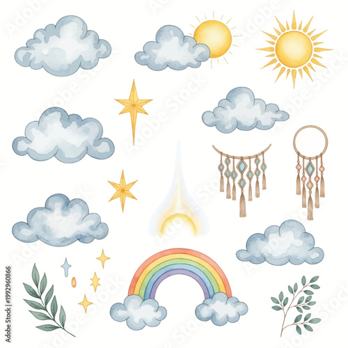Watercolor set of nursery illustrations featuring blue clouds, yellow sun, rainbow, gold stars, boho macrame wall hangings with tassels, and green leafy branches on white background.