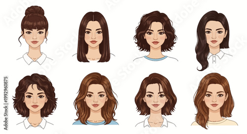 Illustration set of eight female avatars featuring diverse brunette hairstyles like high bun with bangs, straight lob, wavy bob, curly hair, and layered cuts on a white background.