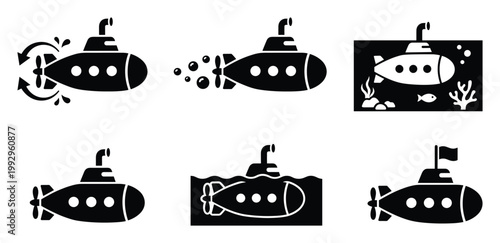 Submarine transportation vehicle icons for naval military exploration and underwater ocean adventure projects