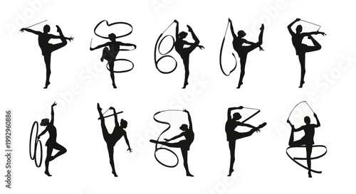 Set of ten black silhouette illustrations showing female rhythmic gymnasts performing athletic poses with ribbons, hoops, and ropes, isolated on a plain white background.