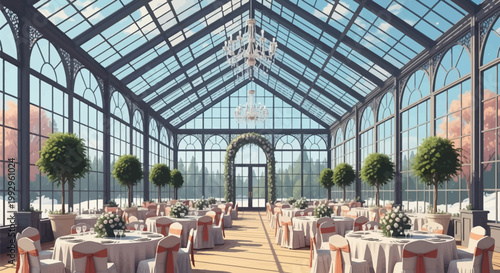 Luxury conservatory interior decorated for a wedding banquet featuring round tables with floral centerpieces, crystal chandeliers, potted topiaries, and snow covered winter view.