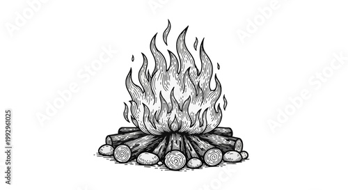 Black and white woodcut style campfire with stylized roaring flames and burning logs surrounded by river stones, isolated on white, vintage engraving illustration.
