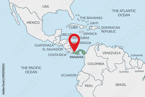 Panama location on the political map of America with pin location marker. Vector flat template.