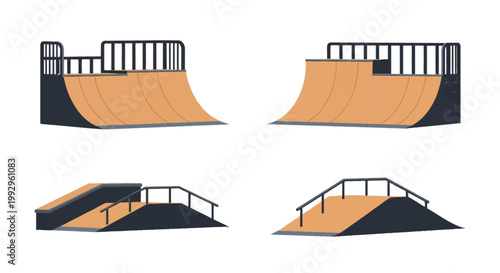 Set of four vector illustrations of skatepark equipment including wooden quarter pipe ramps with safety railings, grind rails on banks, and wedge ramps for skateboarding and bmx.