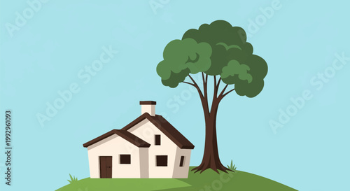 Vector illustration of a white two-story cottage with a brown gabled roof and chimney, standing on a green hill next to a large deciduous tree under a clear light blue sky.