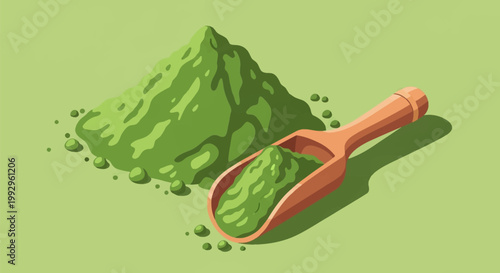 Vector illustration of a pile of vibrant green matcha tea powder alongside a wooden scoop filled with powder, presented on a light green background for culinary and health themes.