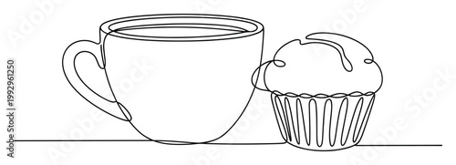 Continuous line drawing of a coffee cup and cupcake perfect for cafe menu designs or breakfast themed promotions