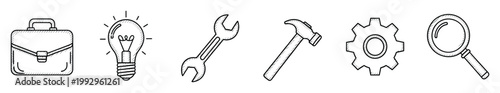Essential handdrawn business and construction tools icons for creative project development