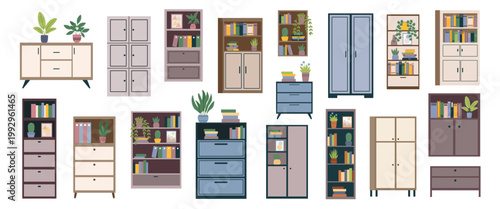 Collection of different bookcases, wardrobes, dressers, cupboards and drawers isolated on white background2. Vector flat furniture cliparts. Concepts of home, interiors, books.