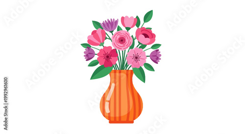 Flat vector illustration of a floral bouquet featuring pink roses, ranunculus, and purple blossoms arranged in an orange striped ceramic vase isolated on a white background.