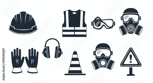 Industrial personal protective equipment PPE icon set including hard hat, safety vest, goggles, gas masks, work gloves, hearing protection earmuffs, traffic cone, and warning sign.