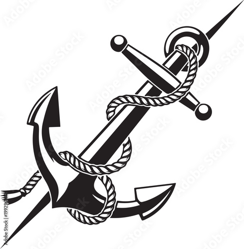 Nautical anchor icon, rope wrapped, black and white vector, marine symbol, anchor illustration