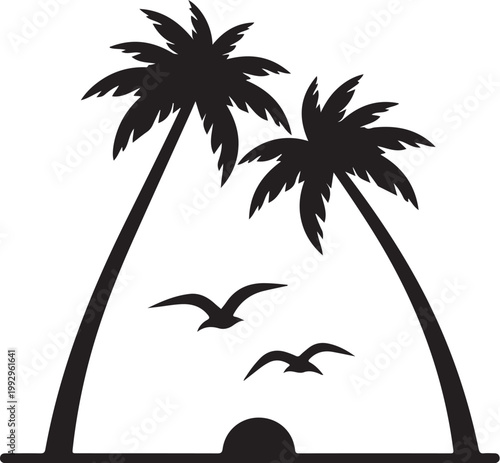 Tropical palm trees, black silhouette, beach landscape, vector icons