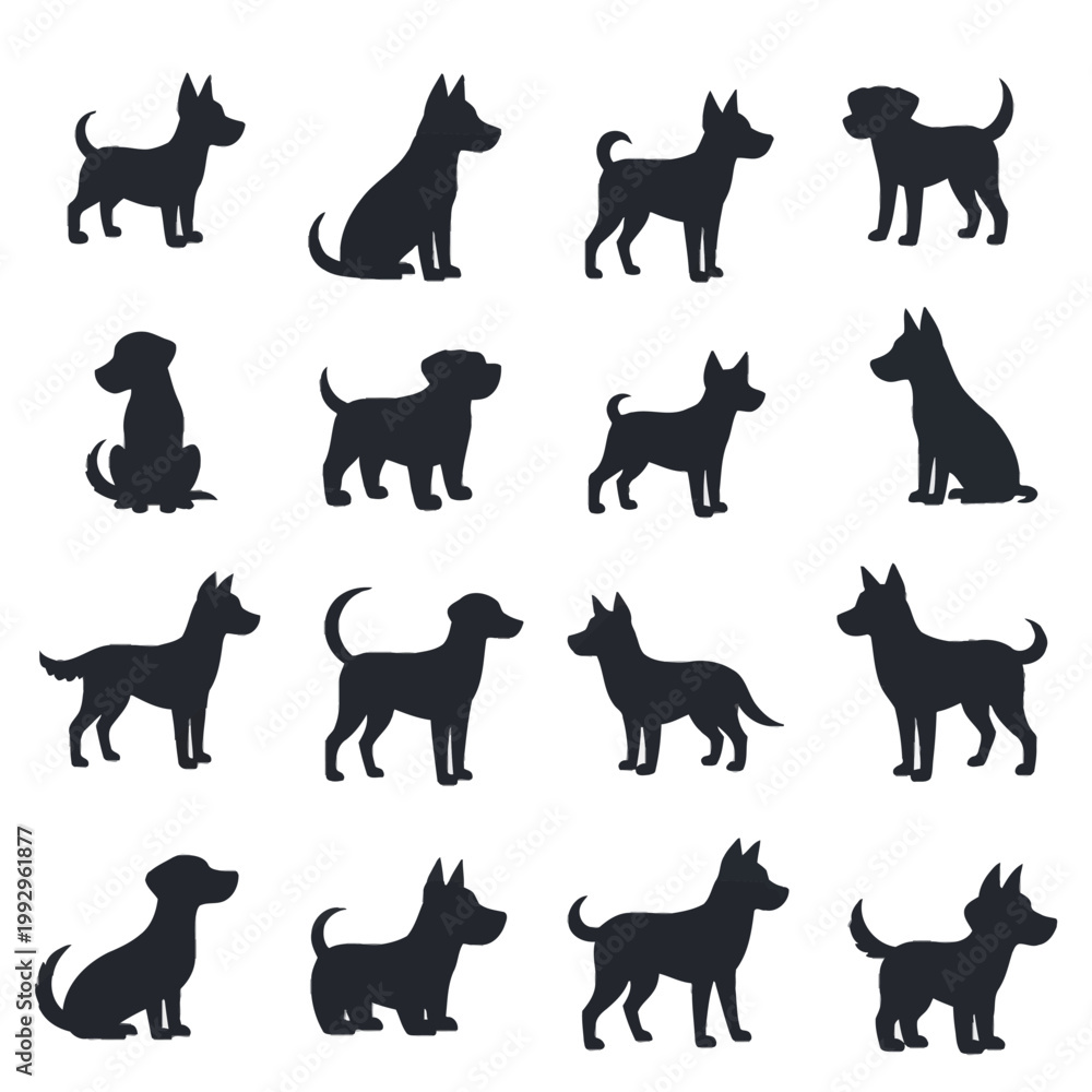 Fototapeta premium Set of sixteen black dog silhouettes in various poses including sitting and standing, isolated on a white background, featuring different breeds with varying ear and tail shapes.