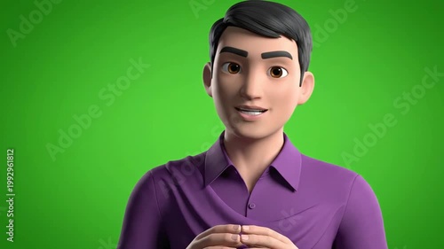 A simple and clean 3D animated male avatar in a purple shirt, presented on a green screen background. Great for presentations, explainer videos, or corporate animations.