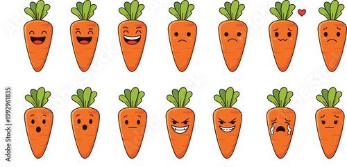 Vector Set of Cute Carrot Characters with Various Emotions and Faces for Fun, Healthy Food, and Expression Designs
