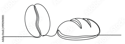 Elegant single line drawing of coffee bean and freshly baked bread for cafes, bakeries, food marketing, and breakfast menus.