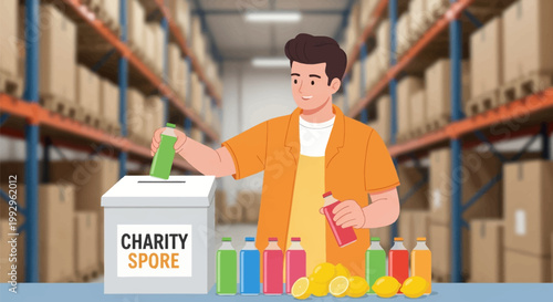 Vector illustration of a young man in an orange shirt placing bottled drinks into a charity donation box inside a warehouse with high shelves stacked with cardboard boxes.