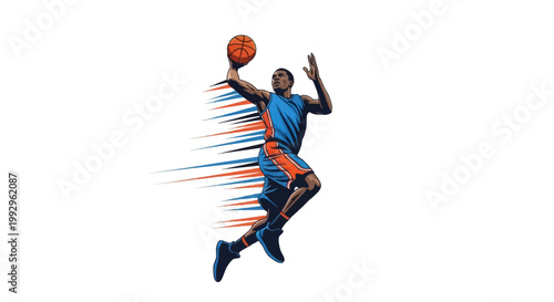 Vector illustration of a male basketball player in a blue and orange uniform jumping mid-air for a dunk, featuring dynamic motion blur speed lines isolated on a white background.