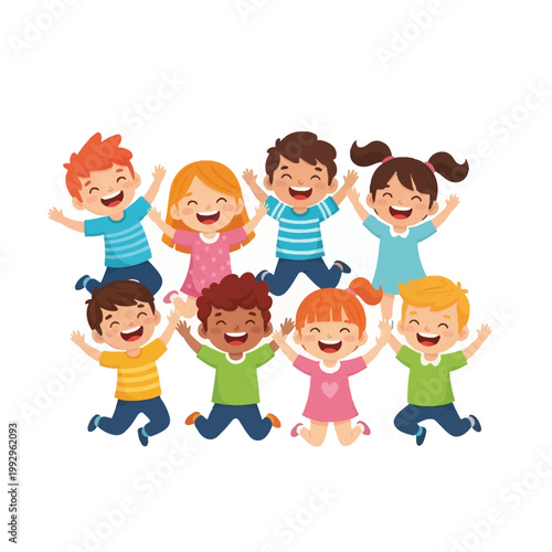 A group of eight diverse, happy children jumping in the air with arms raised in celebration, featuring boys and girls with various hair colors and outfits on a white background.
