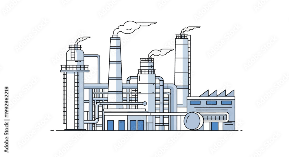 Obraz premium Vector illustration of an industrial chemical refinery complex featuring tall smokestacks emitting smoke, intricate piping systems, distillation towers, storage tanks, and warehouse buildings.