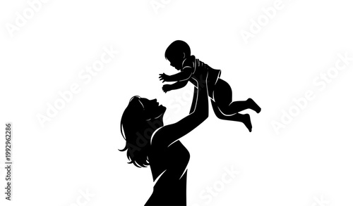 Mother lifting child silhouette black vector mothers day joyful family love illustration