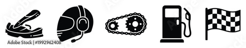 Motorsport racing symbols including go kart, driver helmet, chain, fuel pump, and finish flag for event branding.