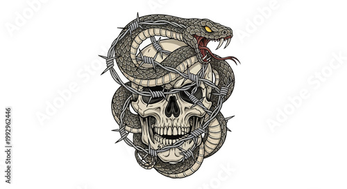 Vector illustration of a human skull entwined with a venomous snake with bared fangs and flickering tongue, wrapped in metallic barbed wire, isolated on white background.