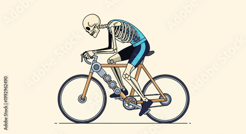 Vector illustration of a human skeleton athlete wearing blue and black cycling clothing riding a modern road bicycle with exposed mechanical gears on the frame, profile side view.