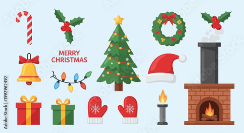 Flat vector Christmas icon set featuring a decorated tree, wreath, Santa hat, brick fireplace with chimney, candy cane, holly, bell, string lights, gift boxes, and red mittens.