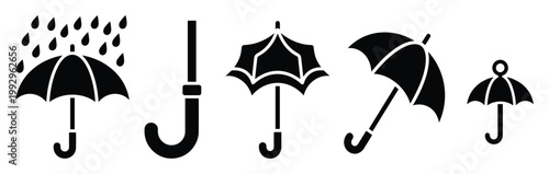 Set of diverse umbrella silhouettes symbolizing rain protection and weather conditions for various digital applications