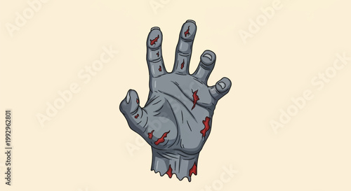 Detailed cartoon illustration of a severed gray zombie hand with open wounds and blood reaching upward, isolated on a light cream background for Halloween horror design.