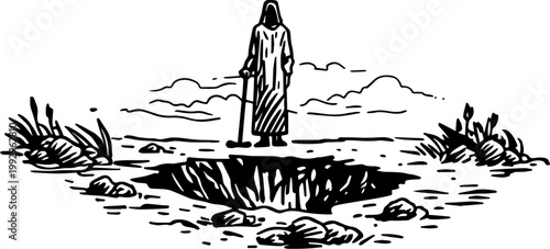 Mysterious Figure Standing Beside Deep Hole in the Ground Landscape