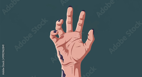Vector illustration of a pale, decaying zombie hand with long black fingernails and open wounds on the wrist, reaching upward against a solid dark teal background for Halloween horror.