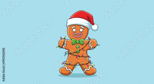 Illustration of a classic gingerbread man cookie character wearing a red Santa hat and green bow tie, wrapped in multi-colored Christmas fairy lights on light blue.
