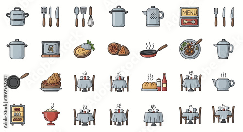 Set of hand-drawn kitchenware and restaurant icons including cooking pots, pans, cutlery, menus, dining tables with chairs, teapots, and prepared food dishes in a simple doodle style.