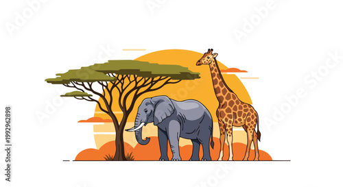 African Safari Landscape with Elephant Giraffe and Acacia Tree Vector