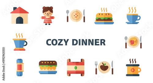 Flat vector icon set for cozy dinner theme featuring food illustrations of a burger, soup plate, cutlery, hot coffee mug, tea cup, cake, house, doll character, and various meal items.