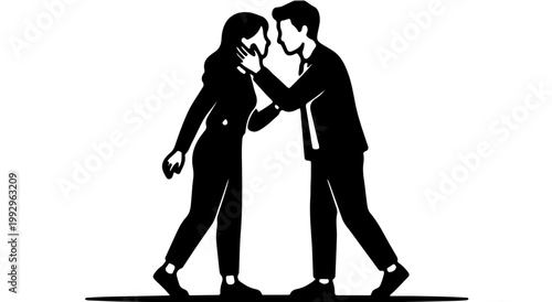 Minimal black and white illustration of couple facing each other in romantic moment