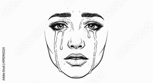 Hand-drawn black and white woodcut engraving illustration of a woman's face crying with tears streaming down her cheeks, showing deep sadness and emotional distress on white background.
