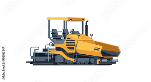 Flat vector illustration of a yellow industrial asphalt paver machine on tracks for road construction projects, featuring a driver cabin, hopper, and screed on white background.