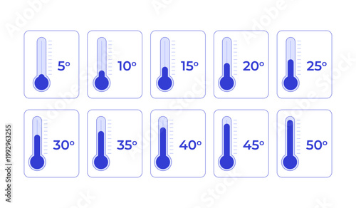 Thermometer temperature from 5 to 50 degrees line style dashboard element set. Environmental monitoring. Blue monochromatic UI components. Data visualization. Web app interface. Visual indicator pack