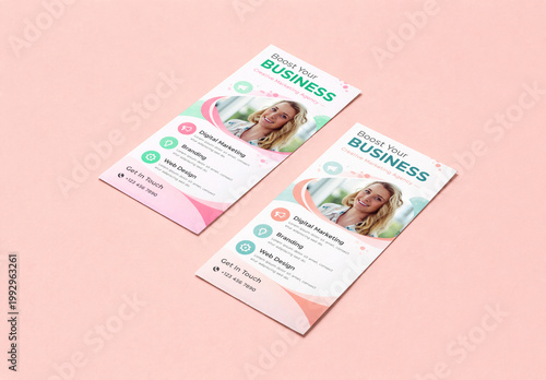 Two DL Flyer Rack Card Mockups for Business Marketing on Pink Background