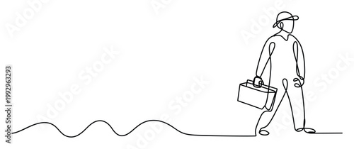 Continuous line drawing of a person in a hat walking with a briefcase on a wavy path representing career journey or progress