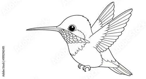 Black and white line art illustration of a cute baby hummingbird in flight, featuring a long beak, large eye, and detailed feathers on wings and tail for children's coloring book.