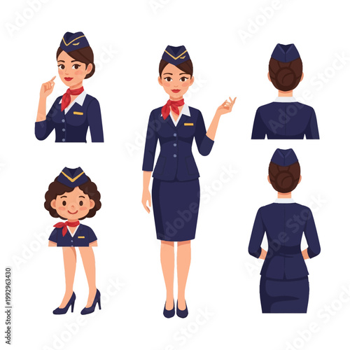Character design sheet of a female flight attendant in navy blue uniform, red neck scarf, and pillbox hat, featuring full body front, upper body, back views, and a chibi style.
