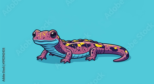 Stylized vector illustration of a pink and purple cartoon salamander featuring bright yellow spots, dark markings, and a light blue belly, set against a solid turquoise blue background.