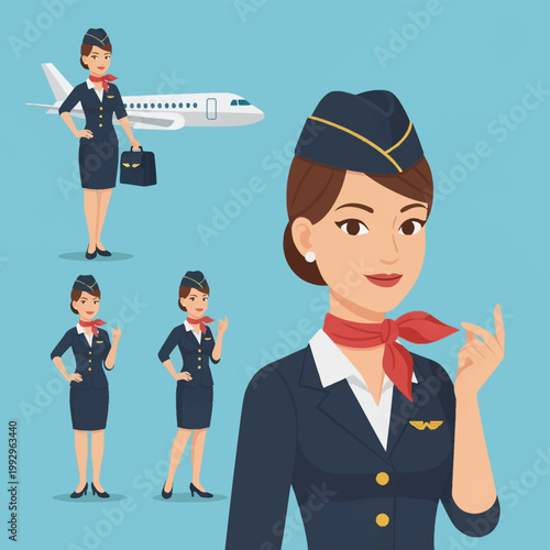 Vector illustration of a female flight attendant character design in navy blue uniform, red neck scarf, and pillbox hat, featuring full body poses, portrait, and airplane background.