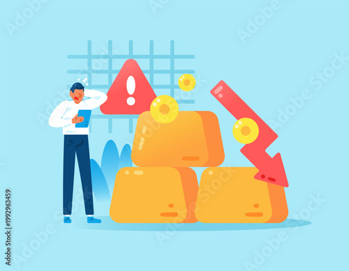 Gold price drops concept. Global gold value continues to decline. Business losses and failed gold investments. Illustration of a businessman and investor panicking due to the plummeting gold value.
