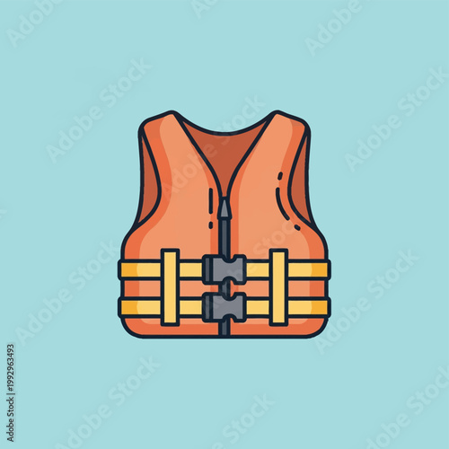 Orange life jacket vest illustration with yellow safety straps and black buckles, isolated on a light blue background, safety equipment for boating, swimming, and water activities.